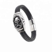 Fashion Jewelry Stainless Steel Skull Leather Bracelet